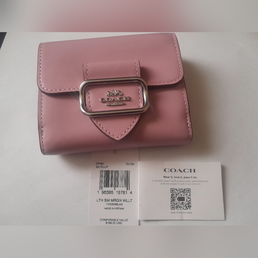 New Coach  Leather Wallet with Silver Buckle( In Pink Tulip Color) NWT